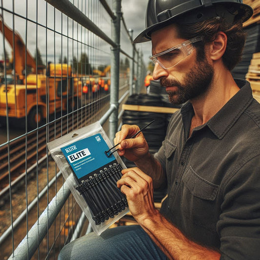 A construction worker inspecting a pack of high-quality Elite zip ties on a construction site.