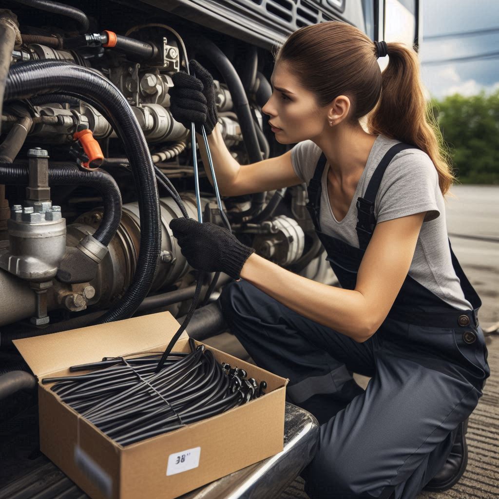 Female professional using 4-inch black zip ties to organize automotive cables in a workshop.